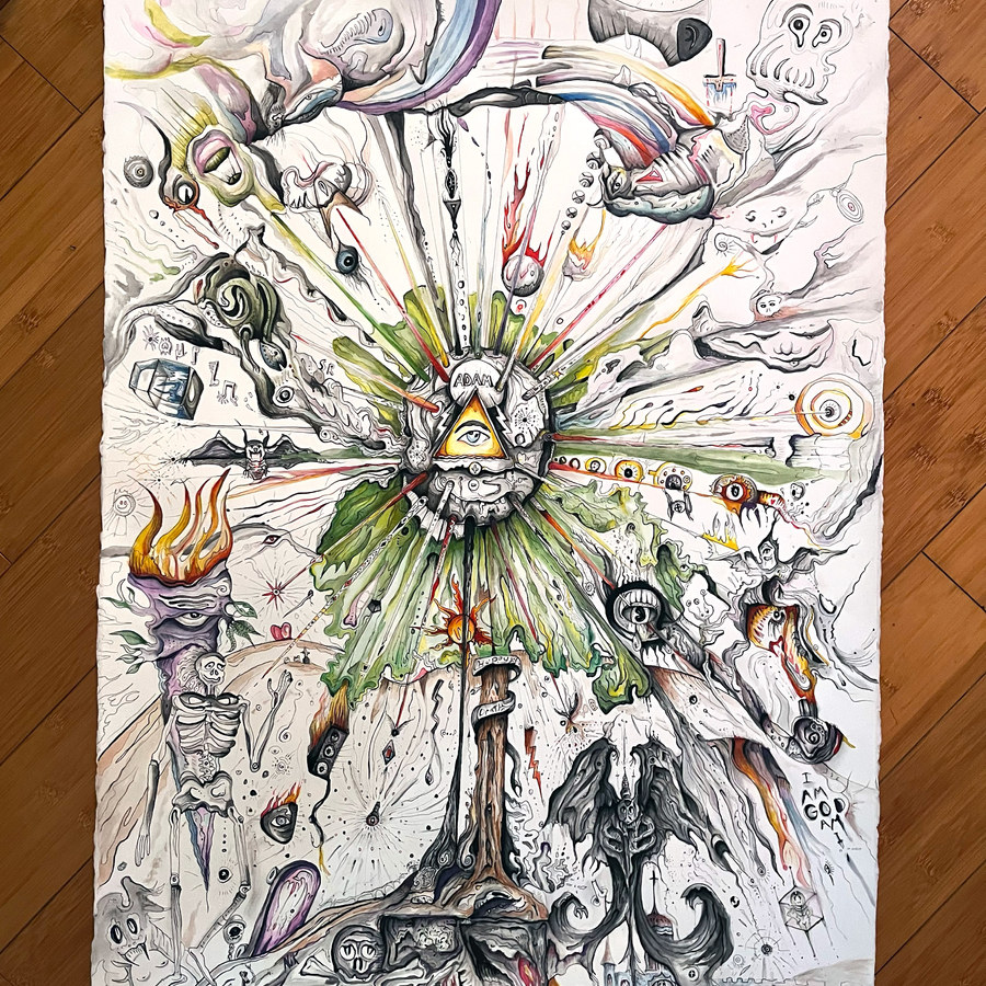 Mixed-media drawing with a bright central figure